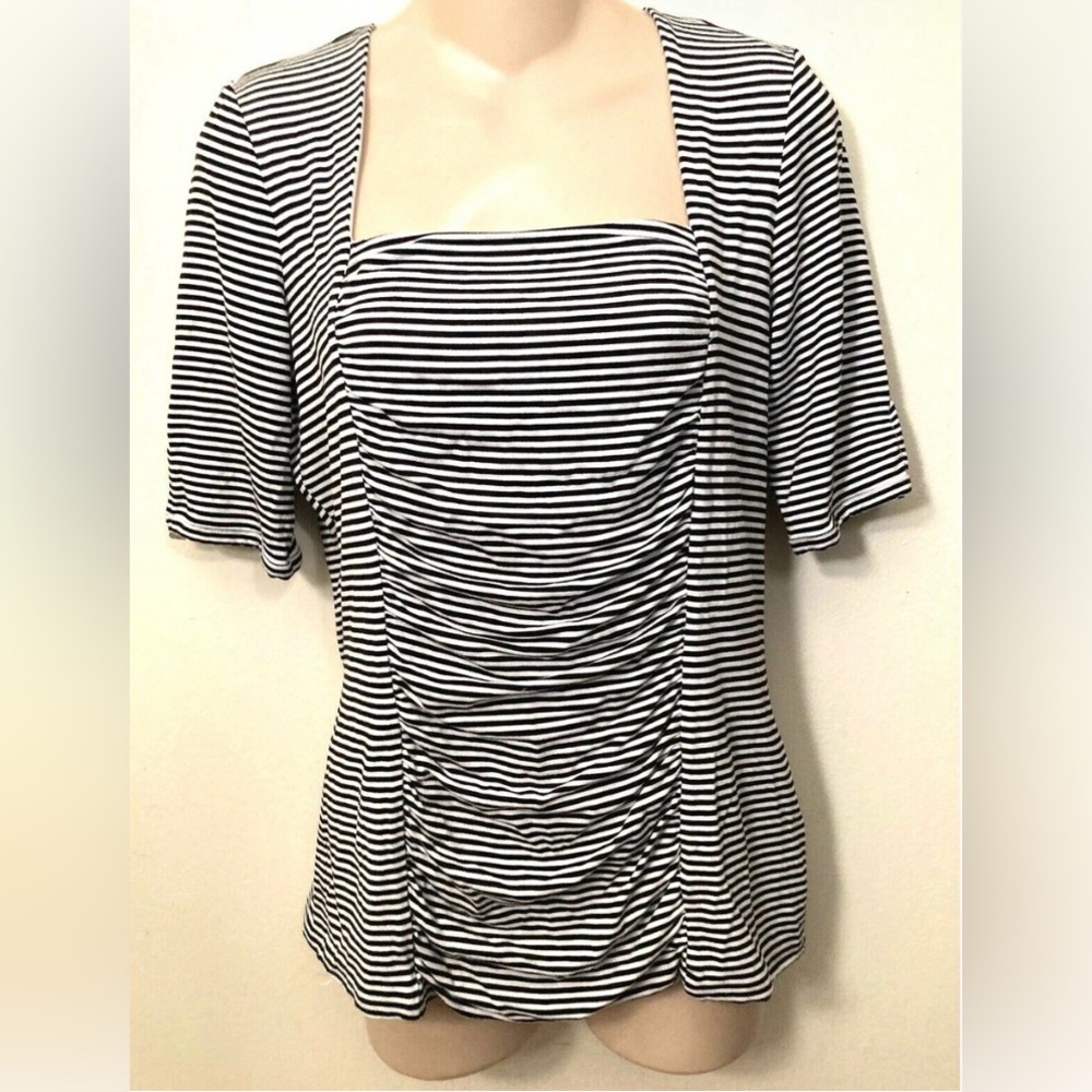 White House Black Market Black & White Striped Ruched Square Neck Top‎